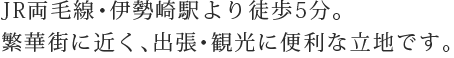 JR両毛線・伊勢崎駅より徒歩5分。繁華街に近く、出張・観光に便利な立地です。